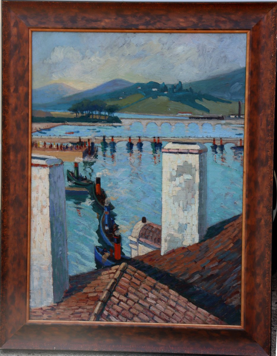 ECOLE FRANCAISE VERS 1930 : « LE PORT DE CIBOURE DEPUIS LES TOITS »