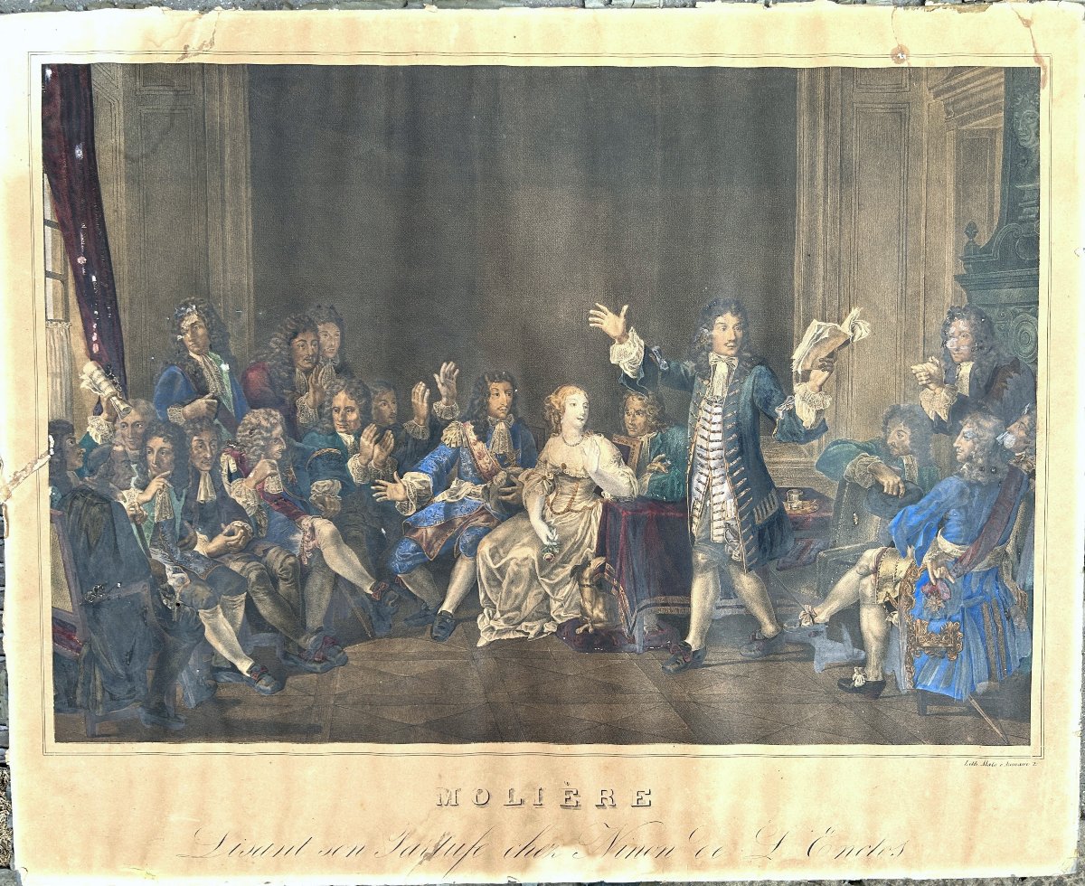 Large Colored Lithograph Of "molière," In An Empire-style Frame.-photo-2