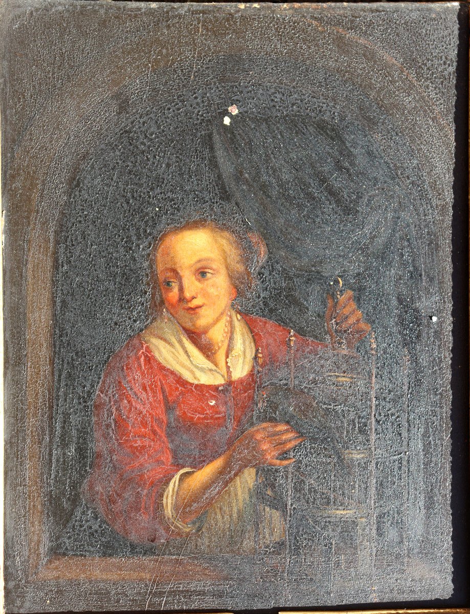 XIXe Century School : "young Woman With A Parrot"-photo-3