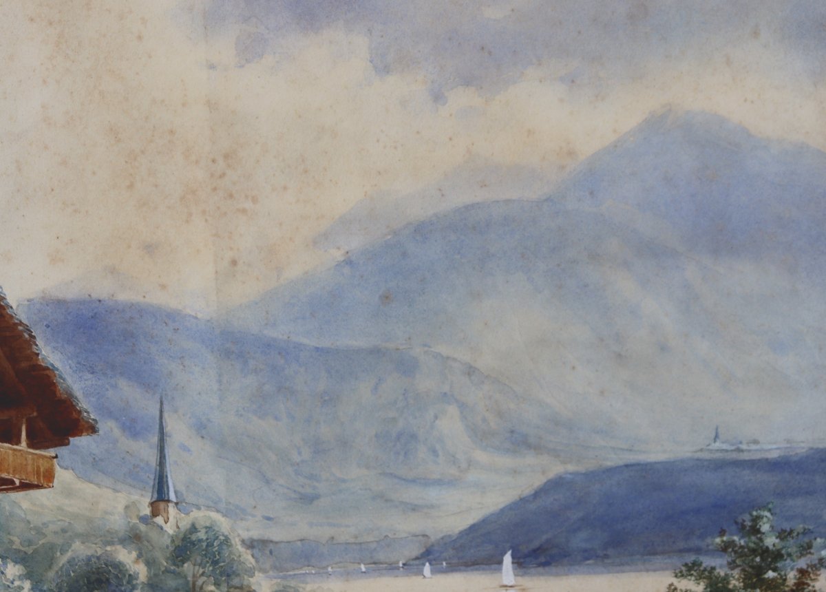 Large 19th-century Watercolor : “swiss Landscape”-photo-3