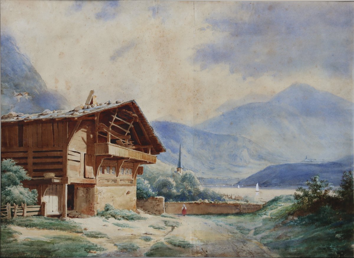 Large 19th-century Watercolor : “swiss Landscape”