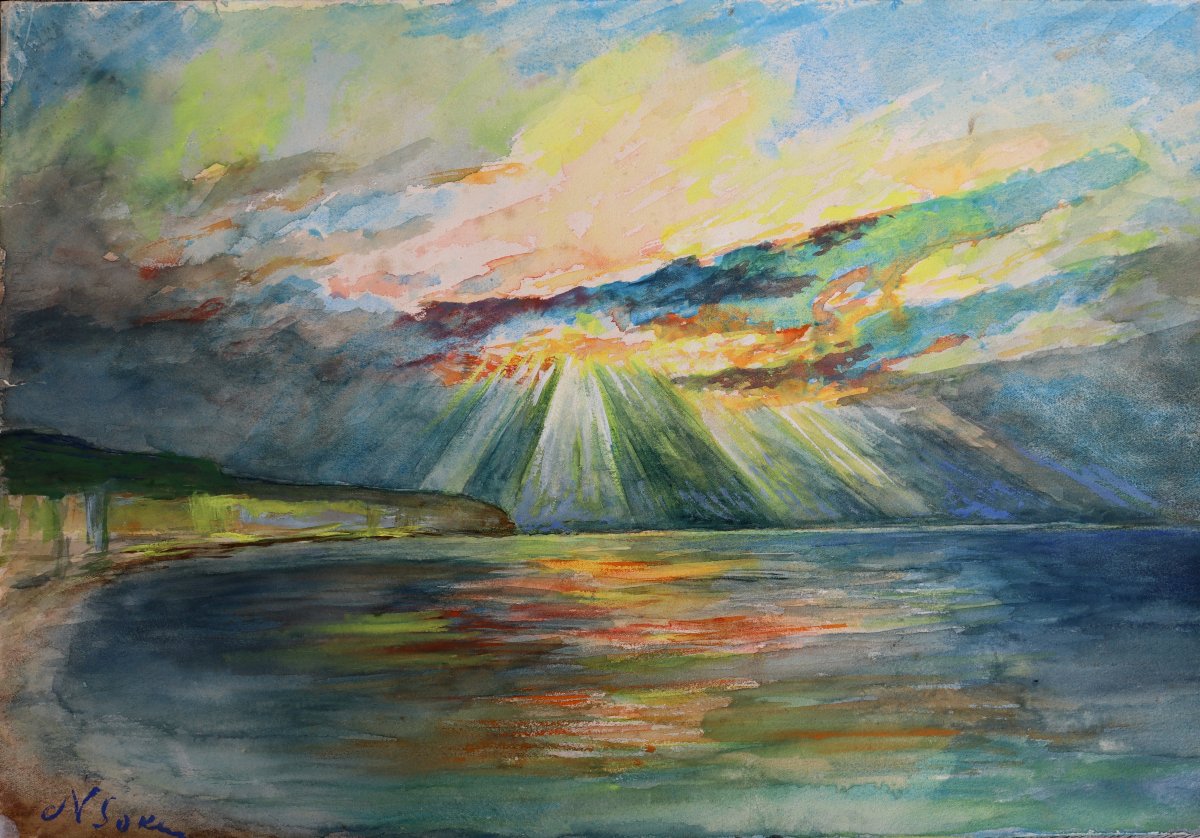 ECOLE FRANCAISE VERS 1930 : « COUCHER DE SOLEIL SUR LA MER »-photo-2