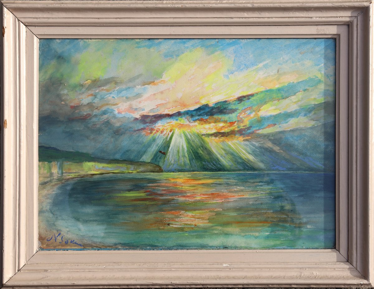 ECOLE FRANCAISE VERS 1930 : « COUCHER DE SOLEIL SUR LA MER »