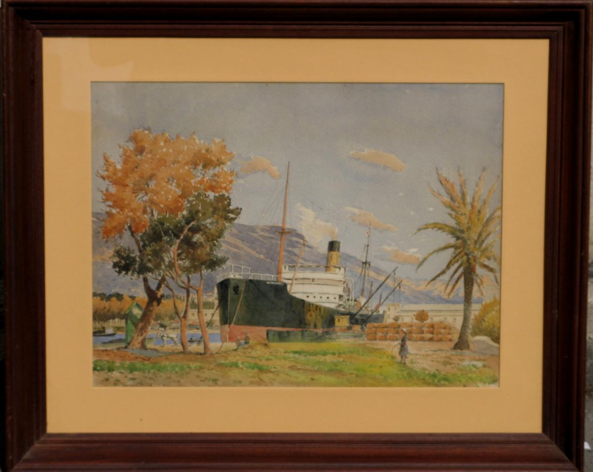 AQUARELLE 1920 : CARGO DANS UN PAYSAGE EXOTIQUE
