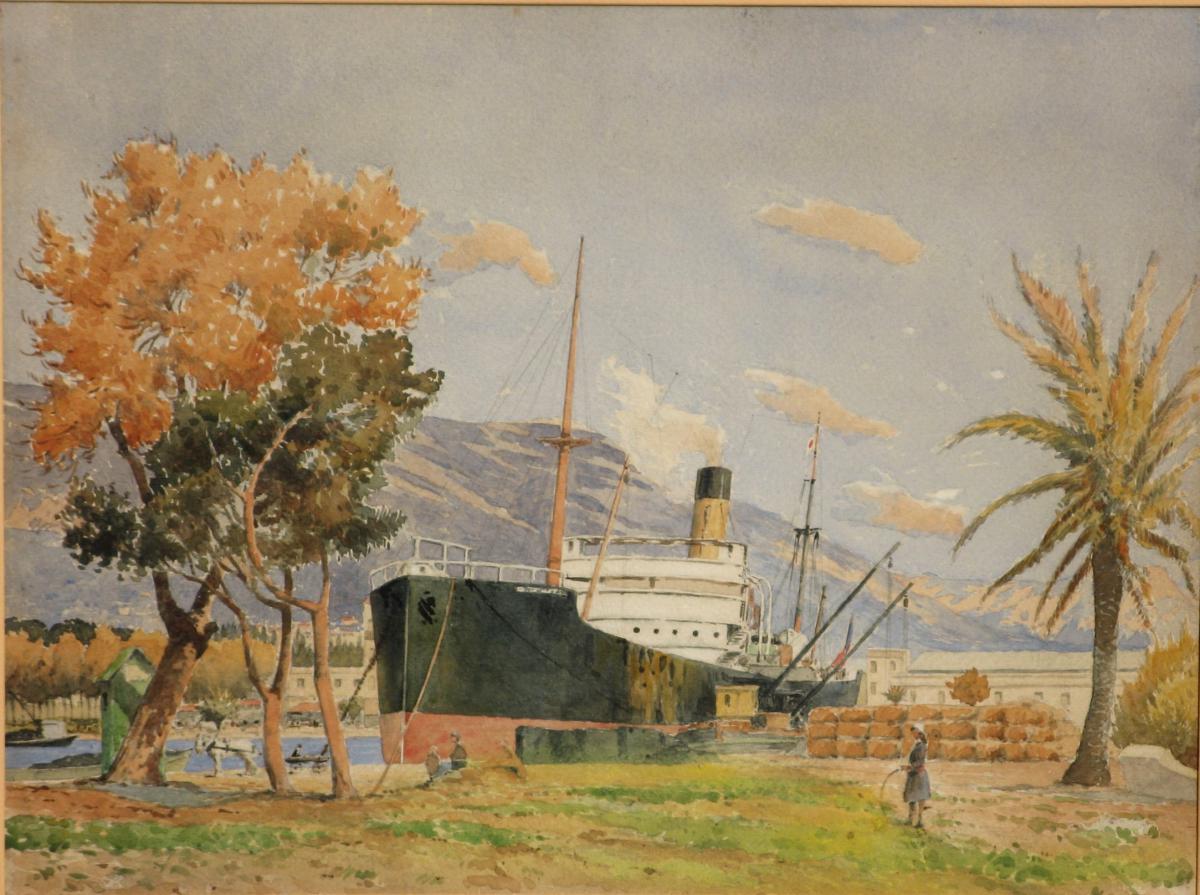 AQUARELLE 1920 : CARGO DANS UN PAYSAGE EXOTIQUE-photo-2