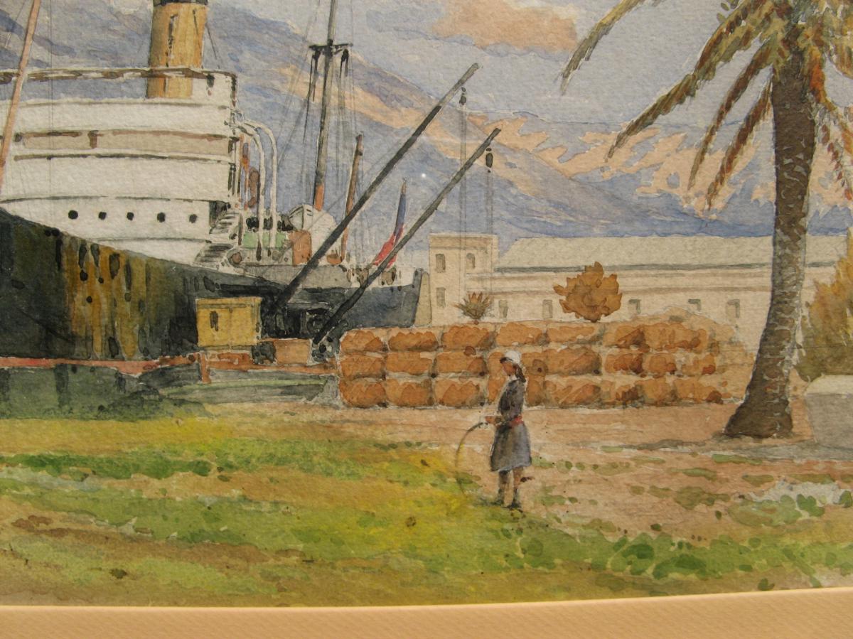 AQUARELLE 1920 : CARGO DANS UN PAYSAGE EXOTIQUE-photo-3
