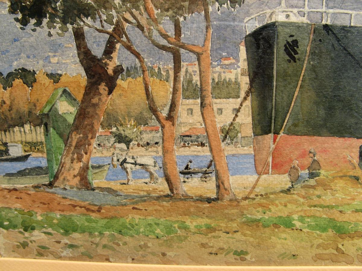 AQUARELLE 1920 : CARGO DANS UN PAYSAGE EXOTIQUE-photo-4