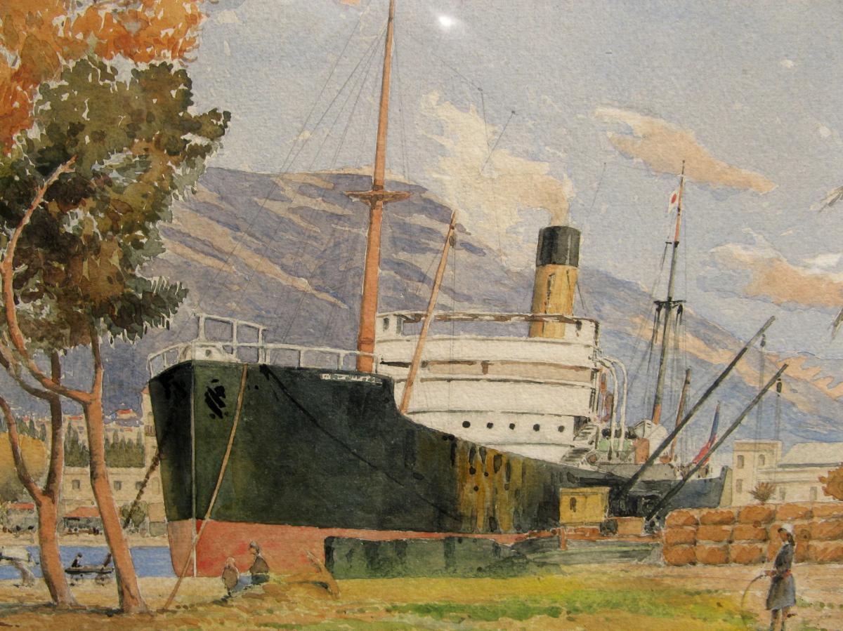 AQUARELLE 1920 : CARGO DANS UN PAYSAGE EXOTIQUE-photo-1