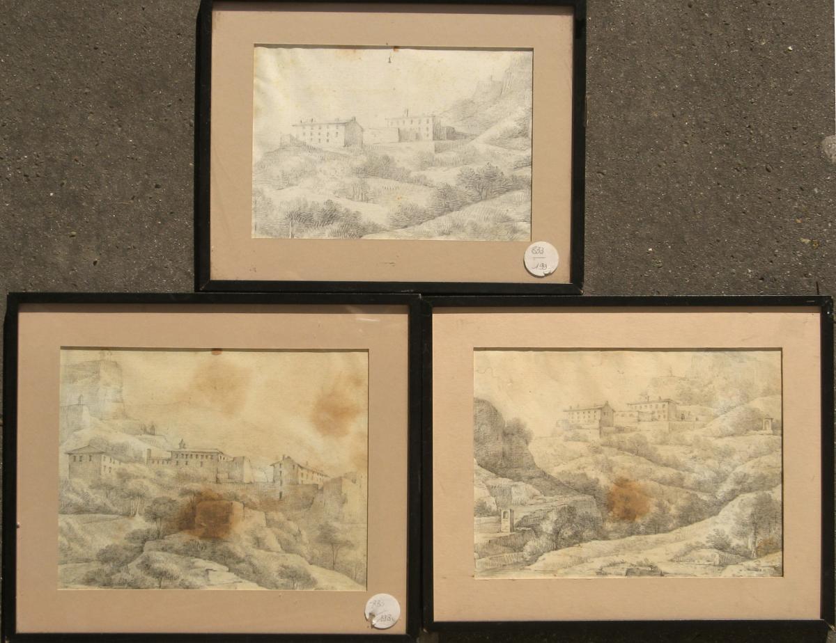 3 DESSINS XVIIIèmes : "PAYSAGES D'ITALIE"