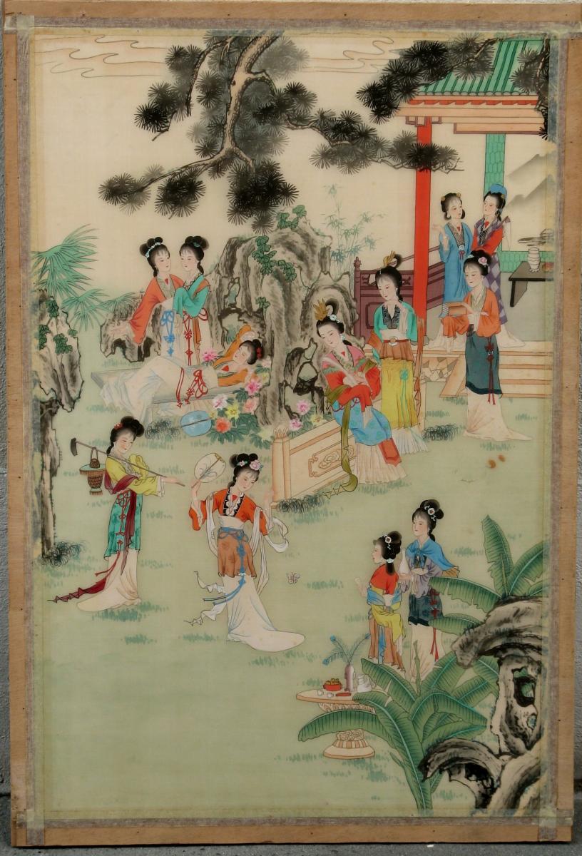 GRANDE PEINTURE CHINOISE SUR SOIE : "LES JOLIES DAMES"-photo-2