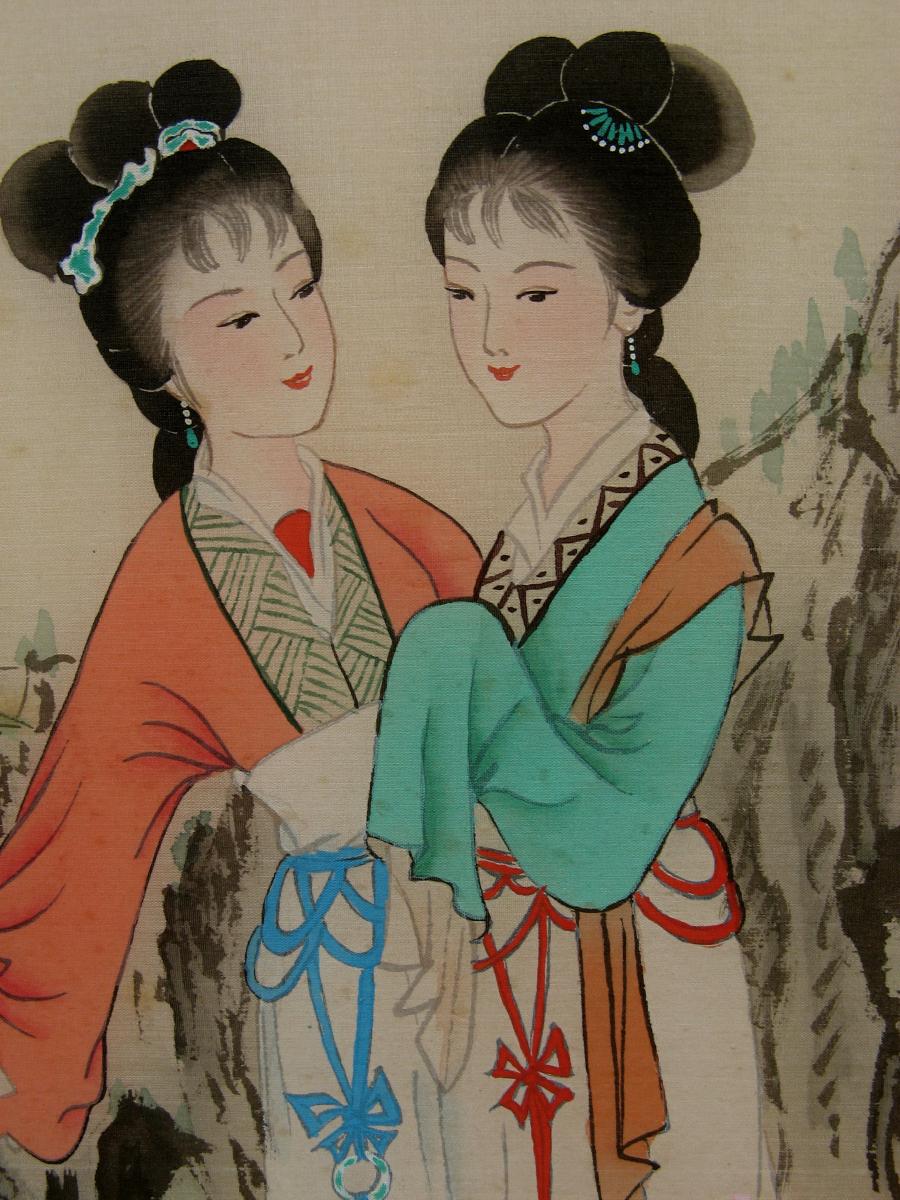 GRANDE PEINTURE CHINOISE SUR SOIE : "LES JOLIES DAMES"-photo-4