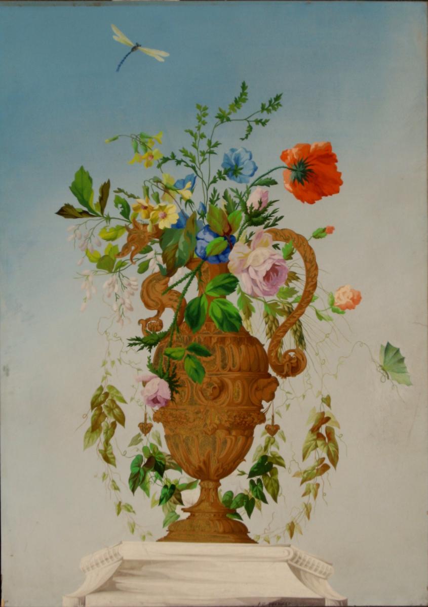 PREDIGER GRANDE GOUACHE XIXe : "VASE FLEURI ET LIBELLULE"