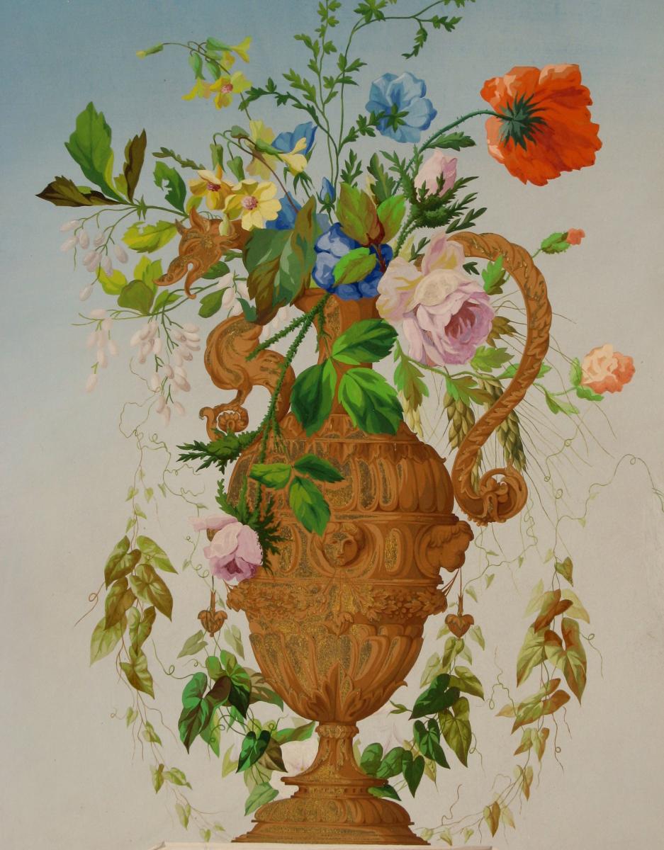 Prediger Big Gouache Nineteenth : "vase Fleuri And Libellule"-photo-2