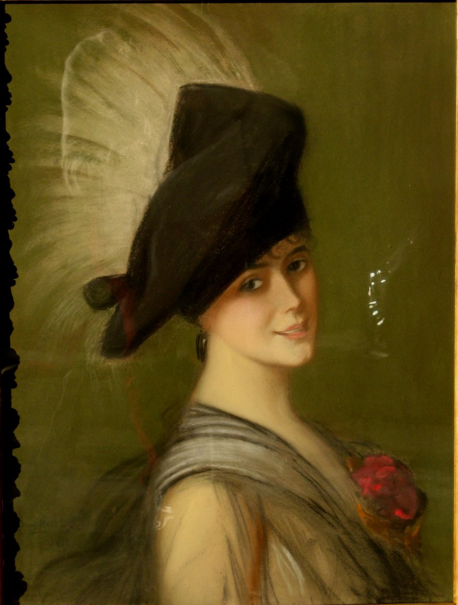 A. RAMOS MARTINEZ : PASTEL "JEUNE FEMME AU CHAPEAU A PLUME"-photo-2