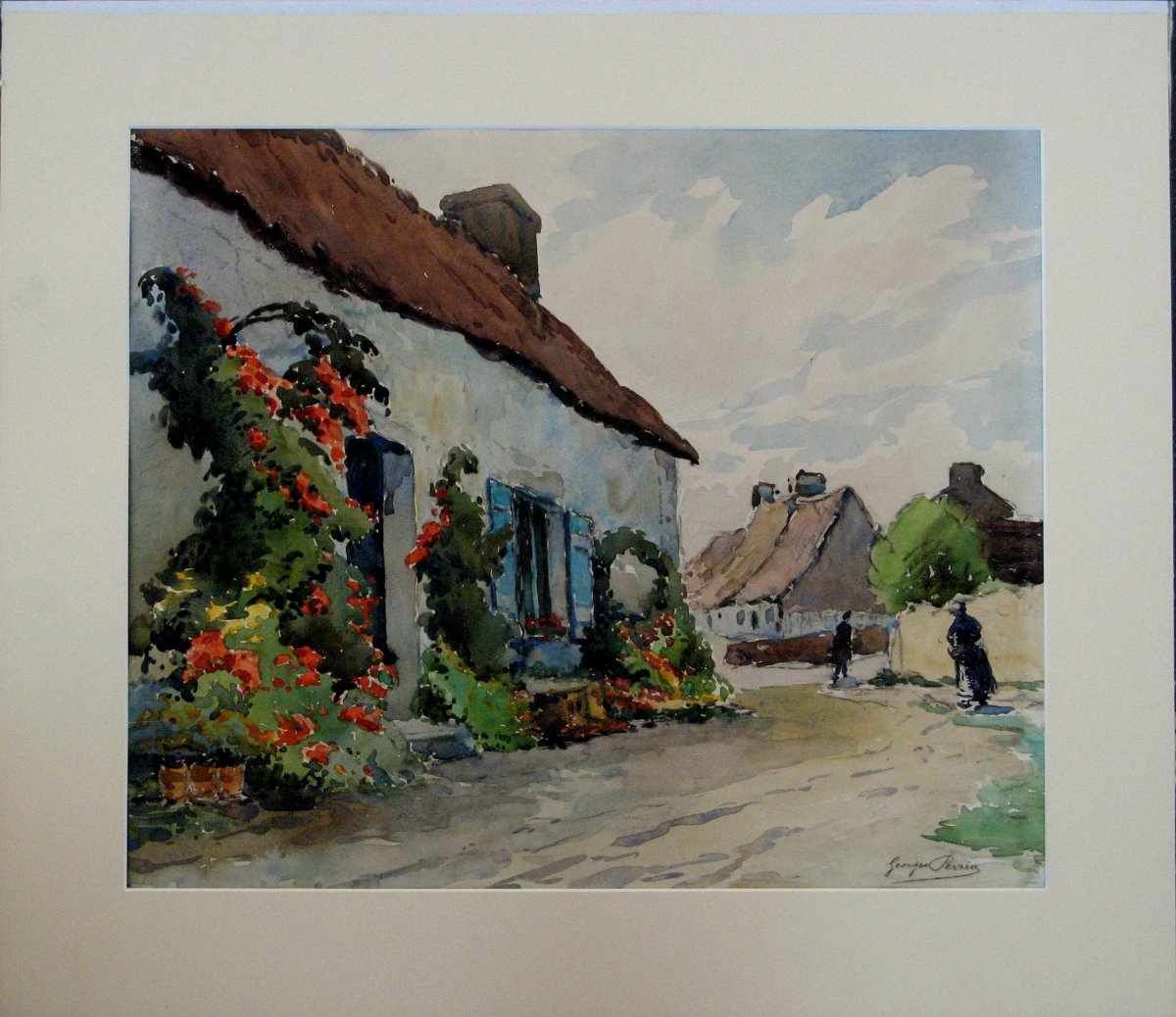 Georges Perrin : Large Watercolor "la Chaumiere Fleurie"-photo-1