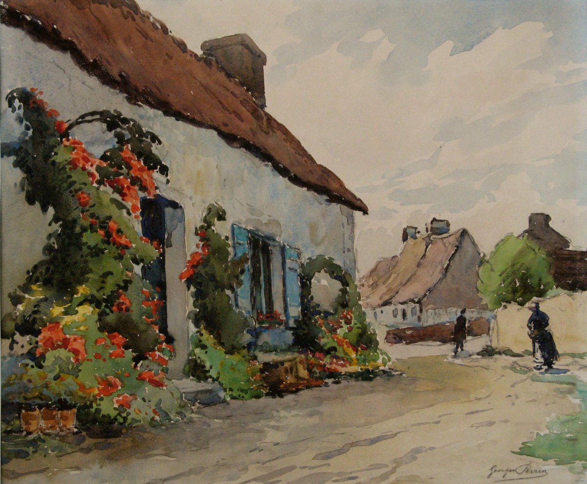 Georges Perrin : Large Watercolor "la Chaumiere Fleurie"