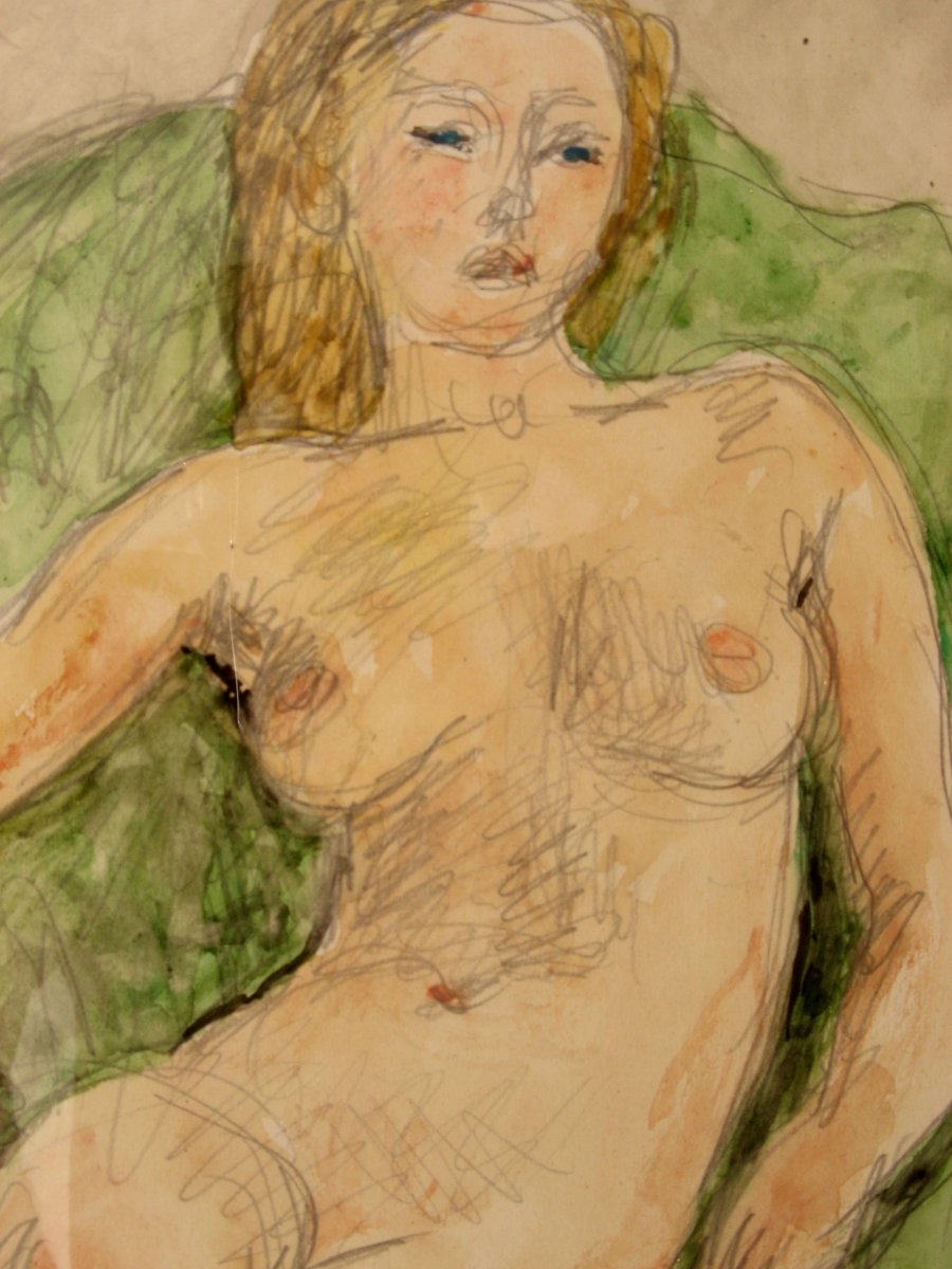 Pierre Deval : Watercolor "nude In A Green Armchair"-photo-3