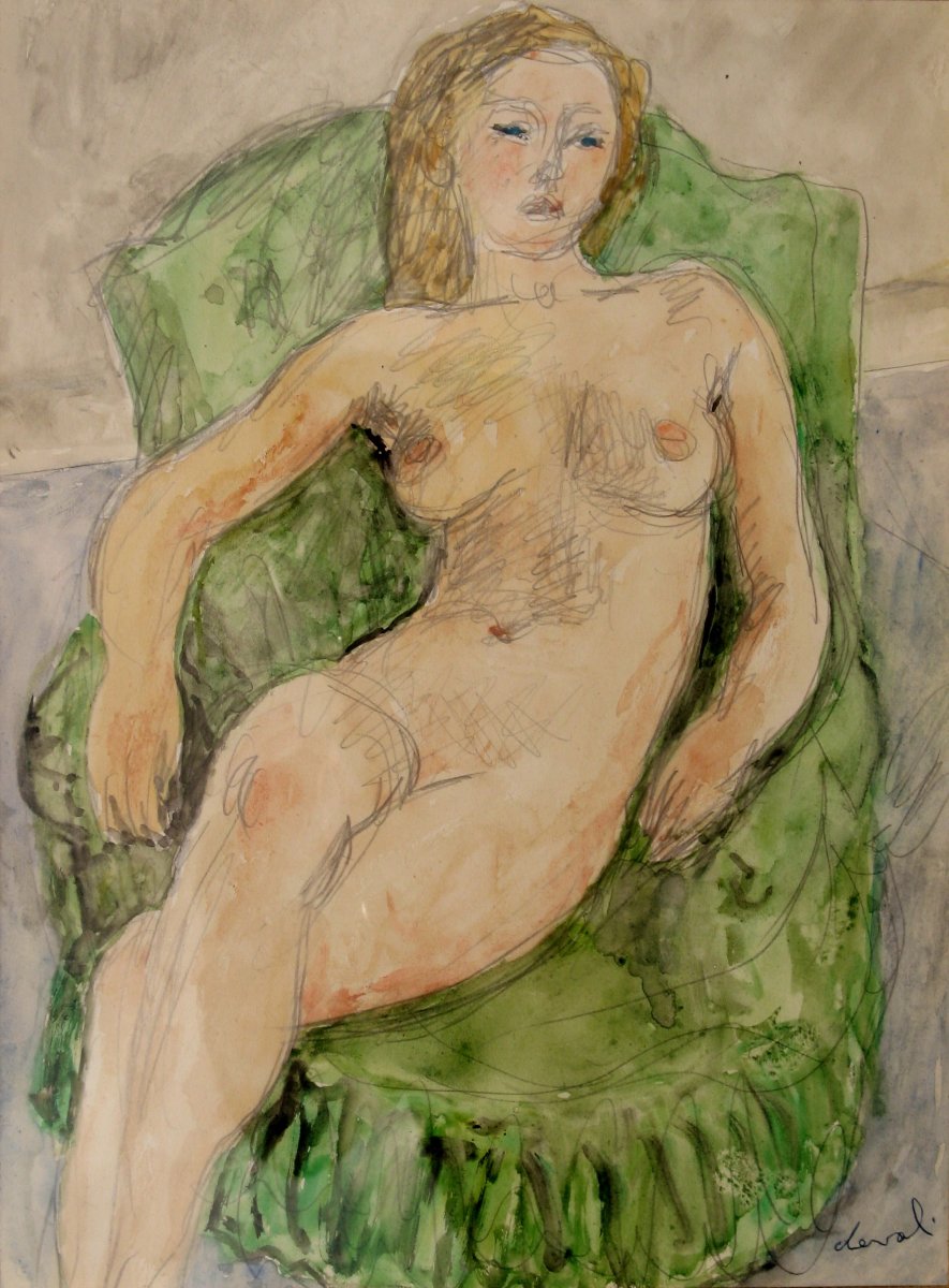 Pierre Deval : Watercolor "nude In A Green Armchair"