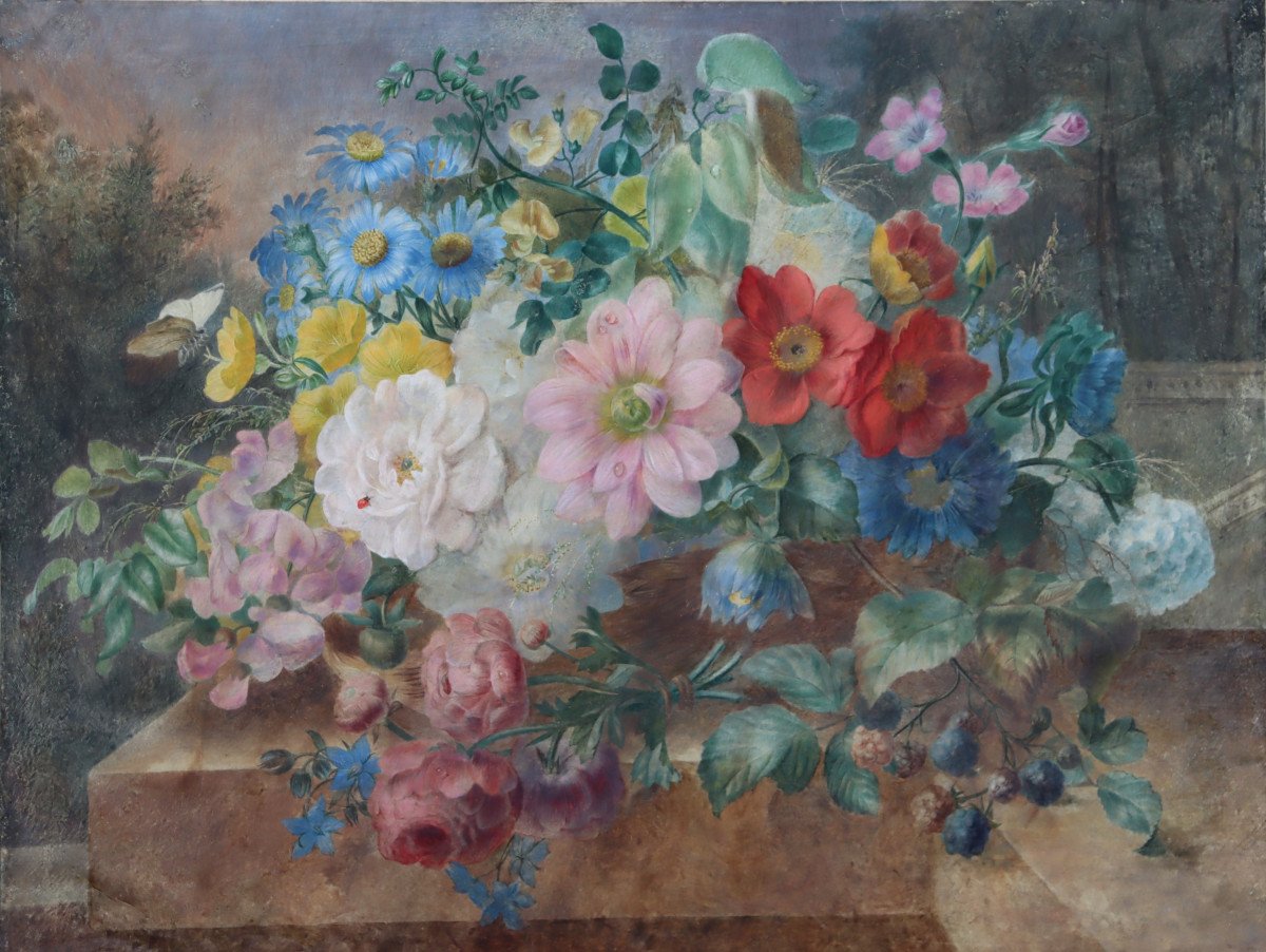 Watercolor Circa 1820 : "flowers With Insects"-photo-2