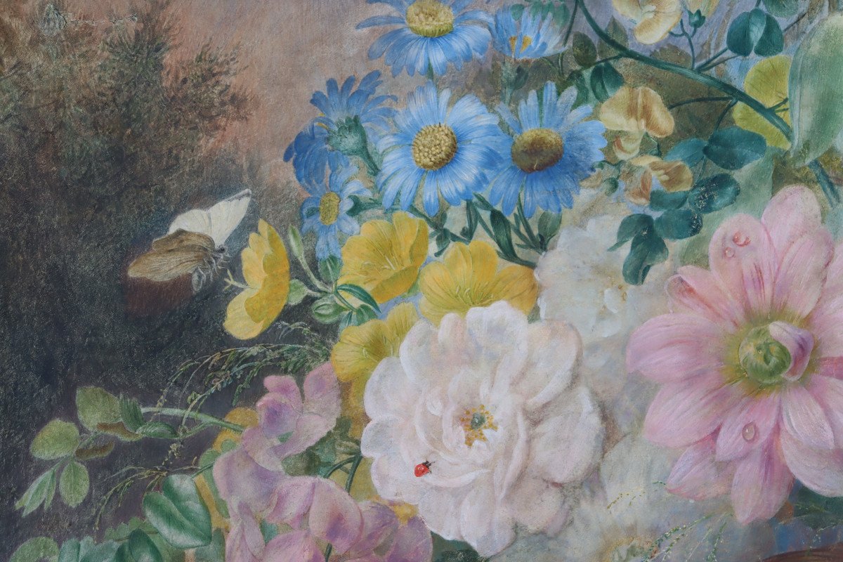 AQUARELLE CIRCA 1820 : "JETE DE FLEURS AUX INSECTES"-photo-3