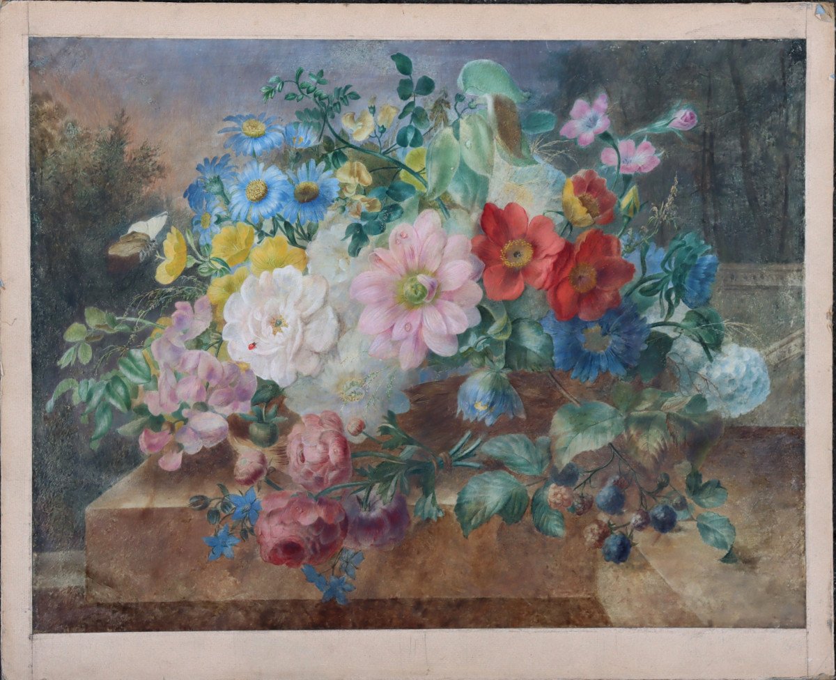 AQUARELLE CIRCA 1820 : "JETE DE FLEURS AUX INSECTES"-photo-2