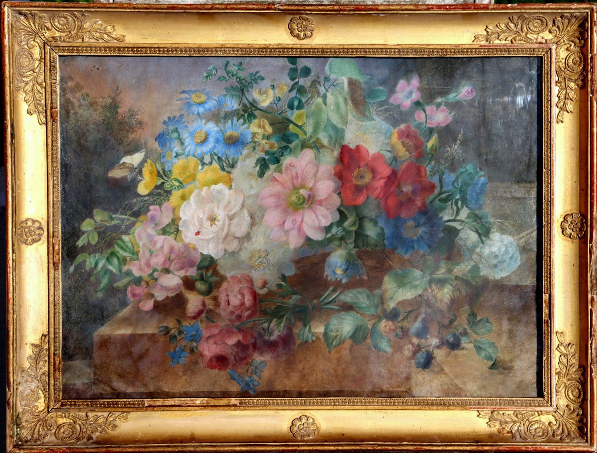AQUARELLE CIRCA 1820 : "JETE DE FLEURS AUX INSECTES"