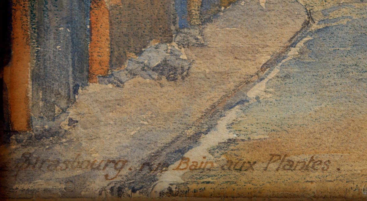 ECOLE FRANCAISE 1919 : AQUARELLE  "RUE DU BAIN AUX PLANTES A STRASBOURG"-photo-2
