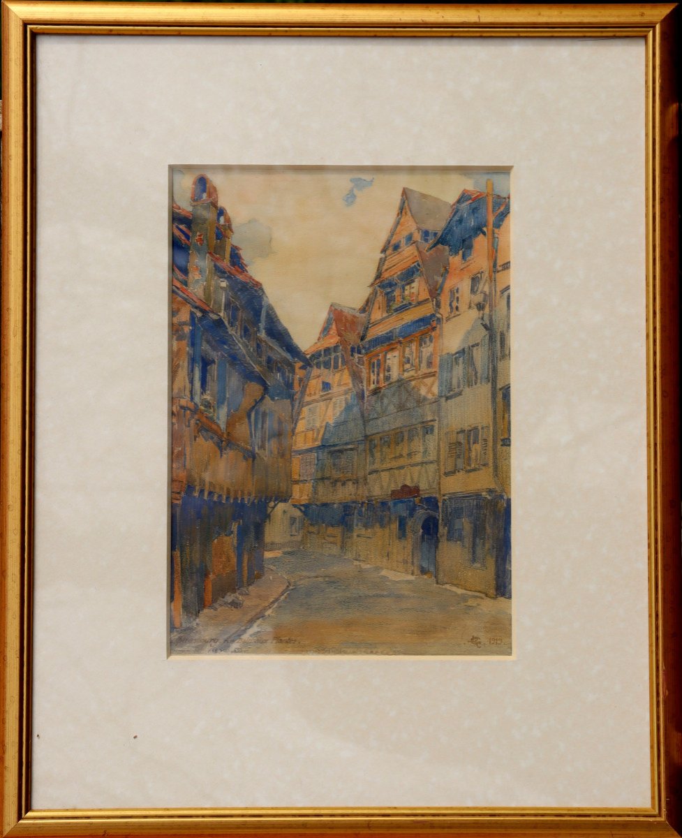 ECOLE FRANCAISE 1919 : AQUARELLE  "RUE DU BAIN AUX PLANTES A STRASBOURG"-photo-1