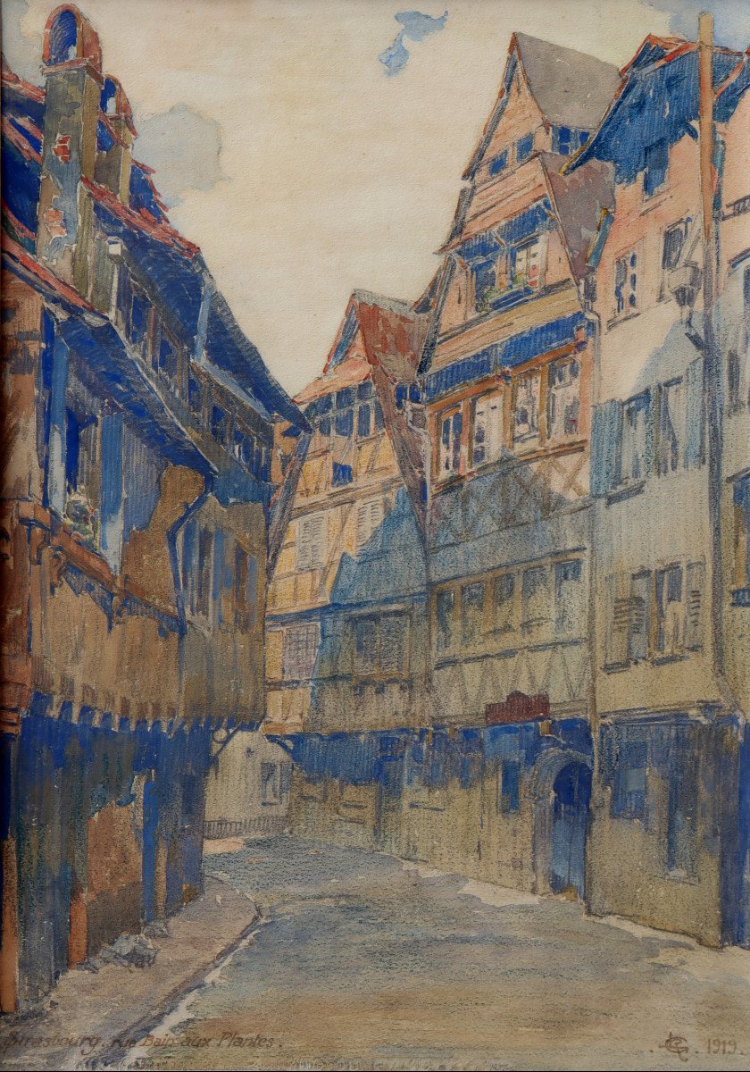 ECOLE FRANCAISE 1919 : AQUARELLE  "RUE DU BAIN AUX PLANTES A STRASBOURG"