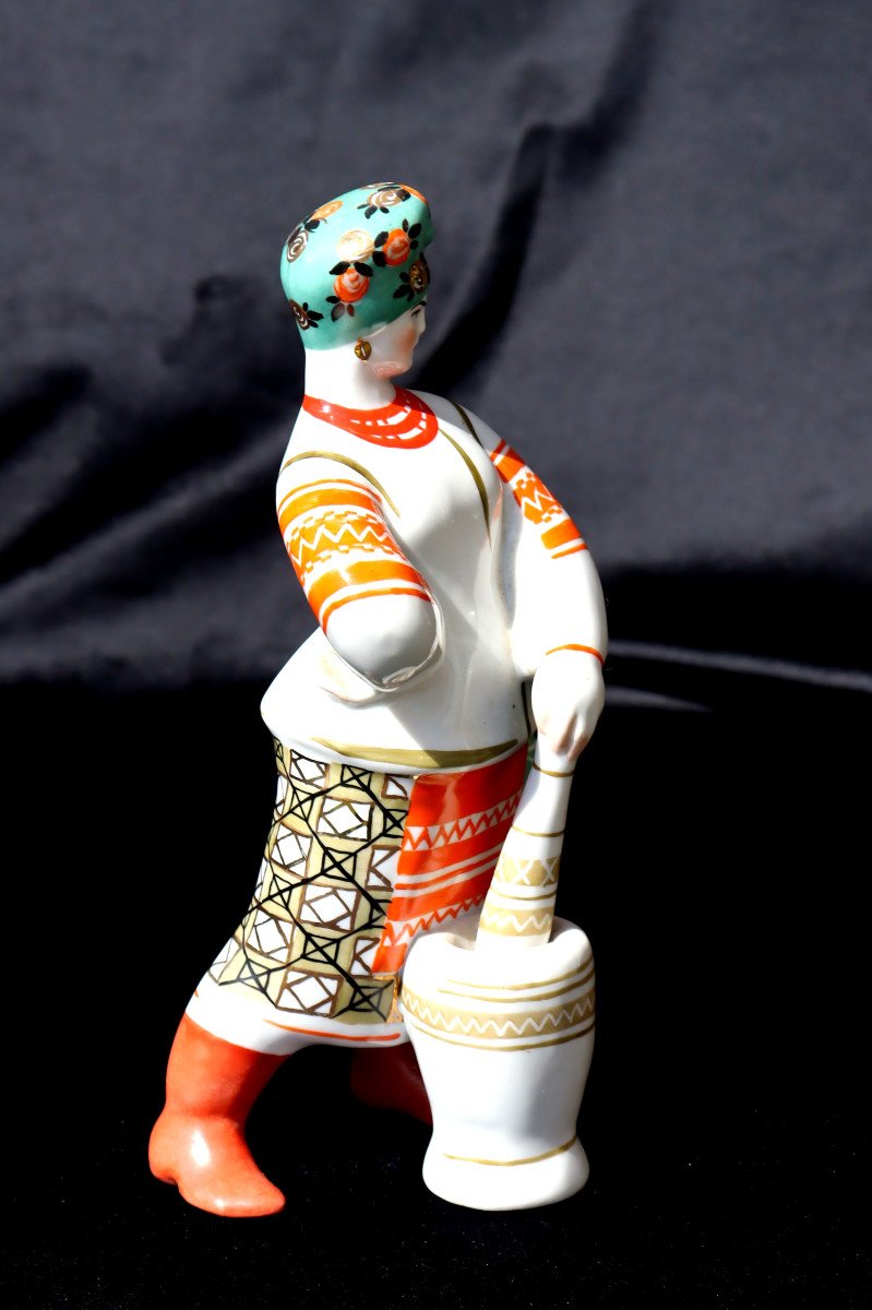Painted Porcelain Statuette: "russian Woman With Mortar"-photo-4