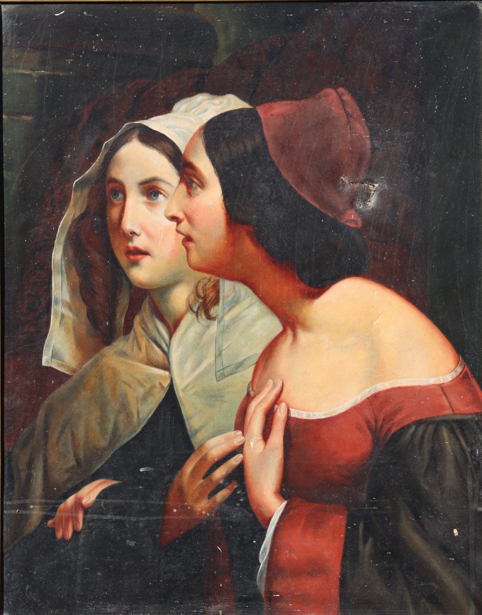 ECOLE FRANCAISE DU XIXe : GRAND TABLEAU "LES DEUX SOEURS"-photo-2