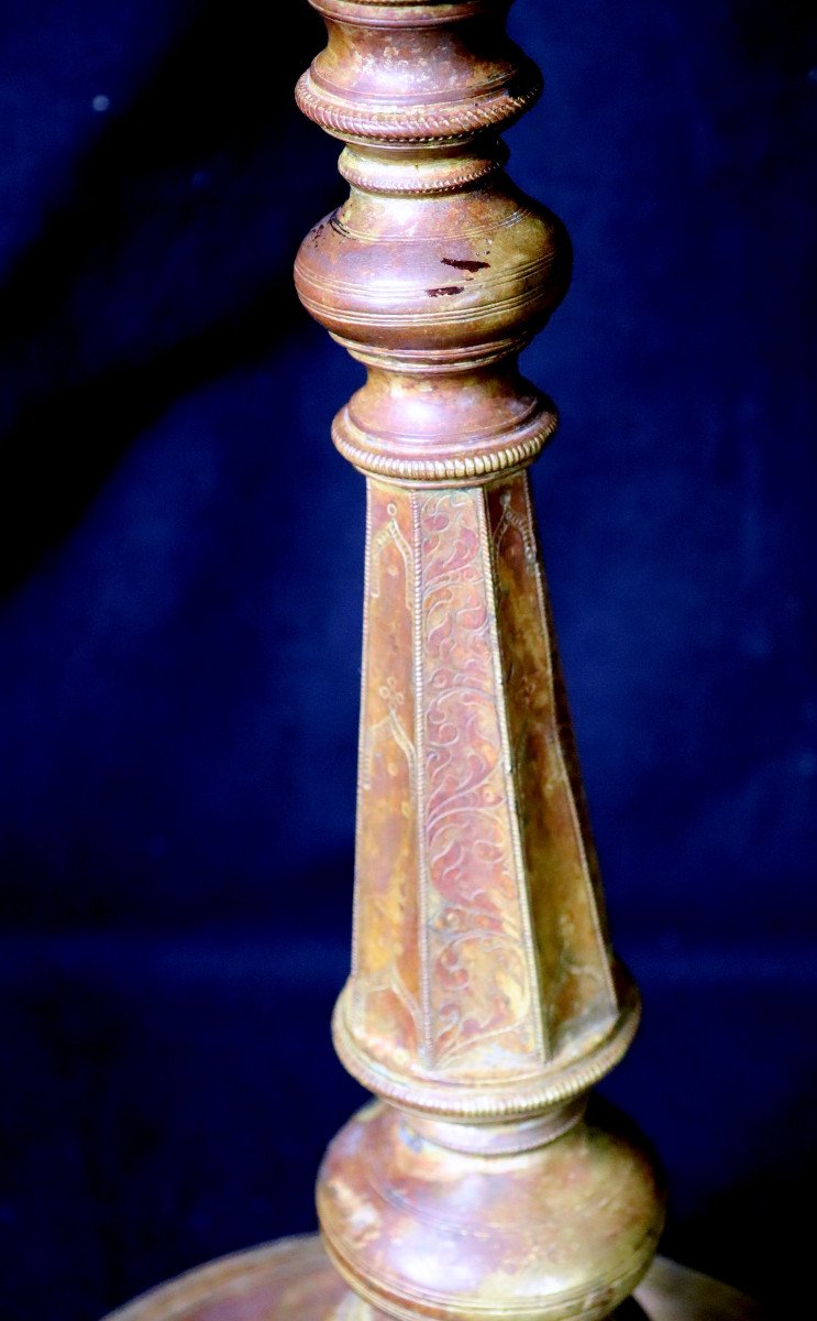 GRANDE LAMPE A HUILE A SEPT BECS EN BRONZE DORE INDE KERALA-photo-4