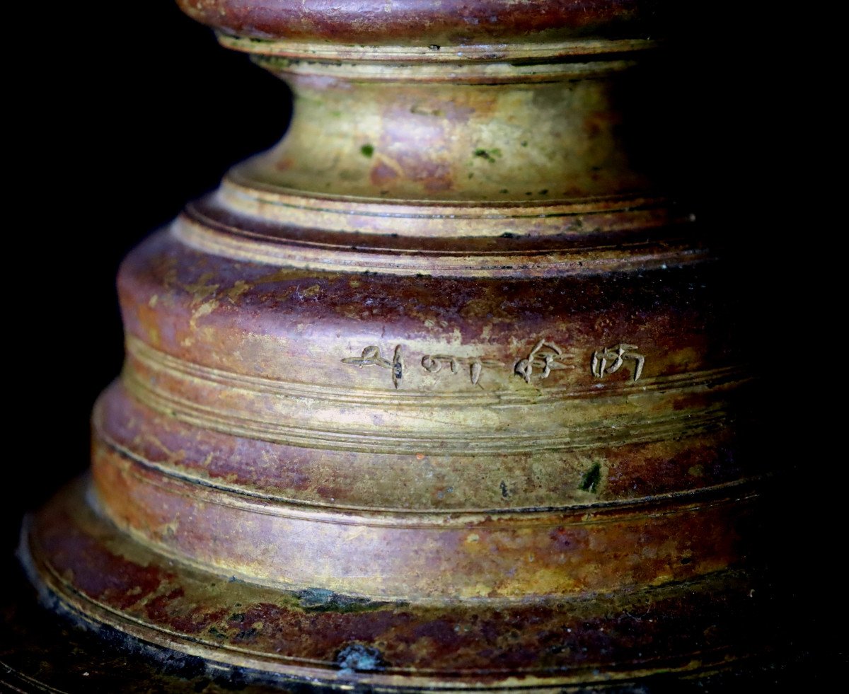 GRANDE LAMPE A HUILE A SEPT BECS EN BRONZE DORE INDE KERALA-photo-1