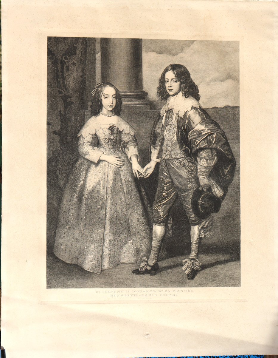 IMMENSE GRAVURE D'APRES VAN DYCK : "GUILLAUME II ET MARIE STUART ENFANTS"-photo-2