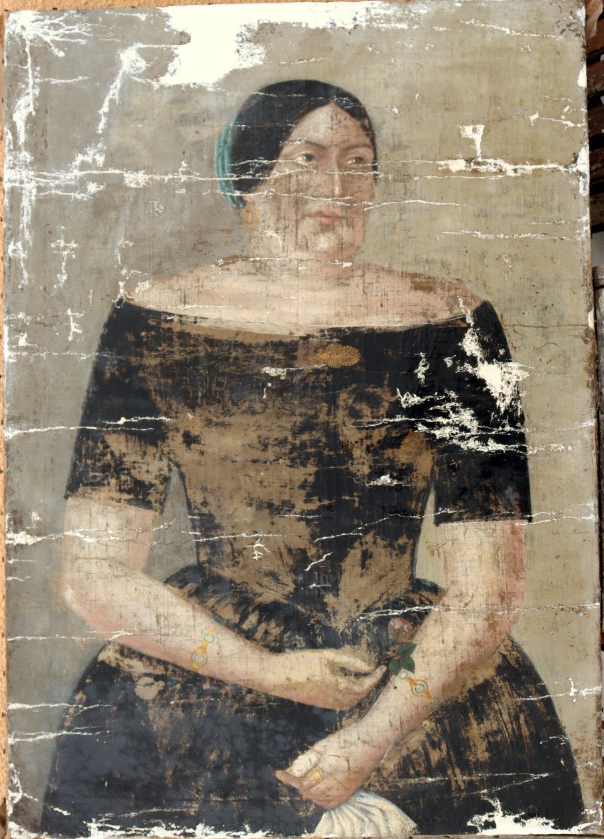 French Or American School Circa 1830 : "lady With A Rose"