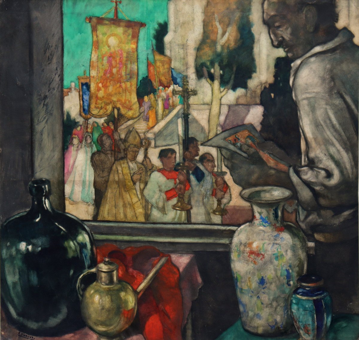 RAYMOND DIERICKX  : "AUTOPORTRAIT DANS L'ATELIER/NATIVITE AU CIRQUE"