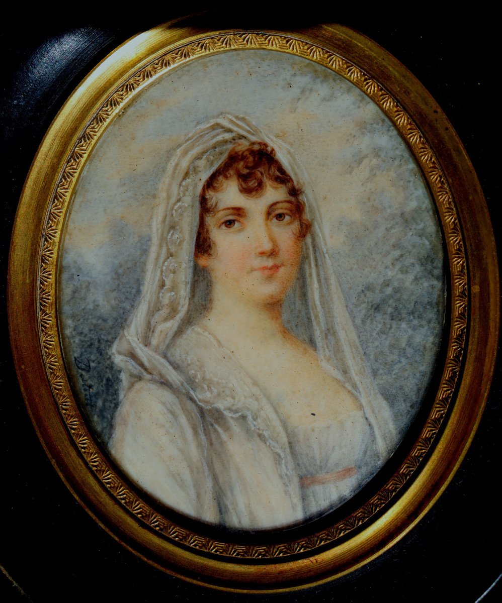 ECOLE FRANCAISE CIRCA 1810 :  MINIATURE "JEUNE FEMME DANS UN PAYSAGE"-photo-3