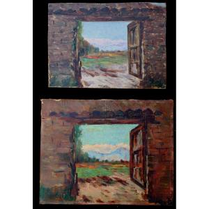 French School Circa 1900 : Pair Of Studies “the Farm Portal”