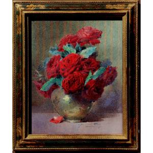 Blanche Odin : “bouquet Of Red Roses In A Brass Vase”