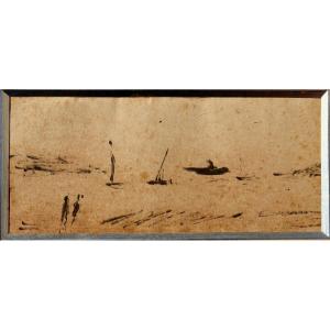 ECOLE IMPRESSIONNISTE FIN XIXe : "BATEAUX PRES DU RIVAGE"