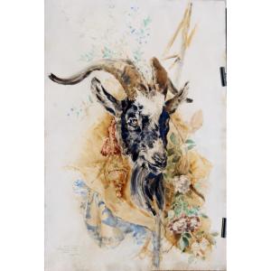 CHARLES TOCHE : "TRES GRANDE AQUARELLE LE BOUC"