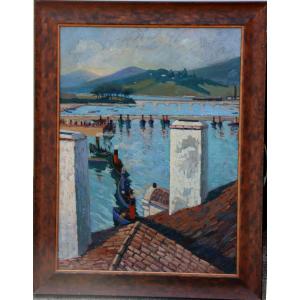 ECOLE FRANCAISE VERS 1930 : « LE PORT DE CIBOURE DEPUIS LES TOITS »