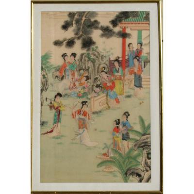 GRANDE PEINTURE CHINOISE SUR SOIE : "LES JOLIES DAMES"