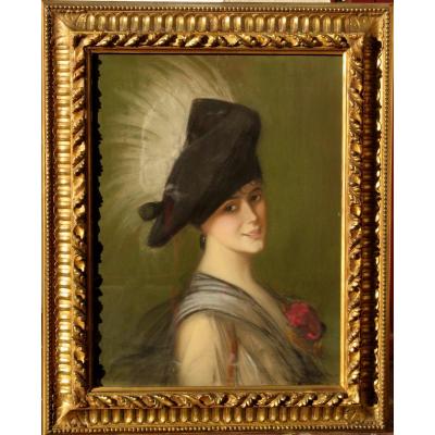 A. Ramos Martinez : Pastel "young Woman With Felt Hat"