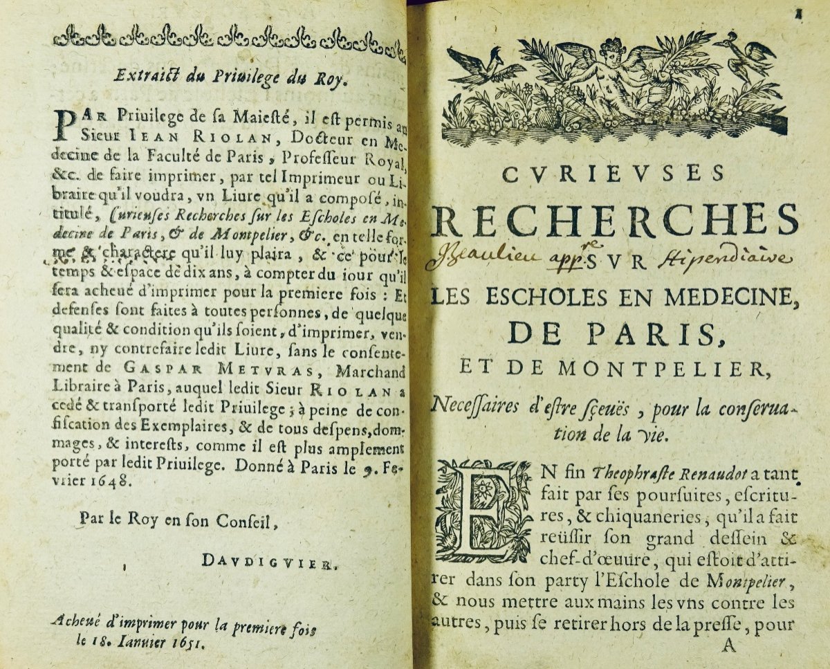 RIOLAN - Curieuses recherches sur les escholes en médecine, de Paris et de Montpelier.  1651.-photo-3