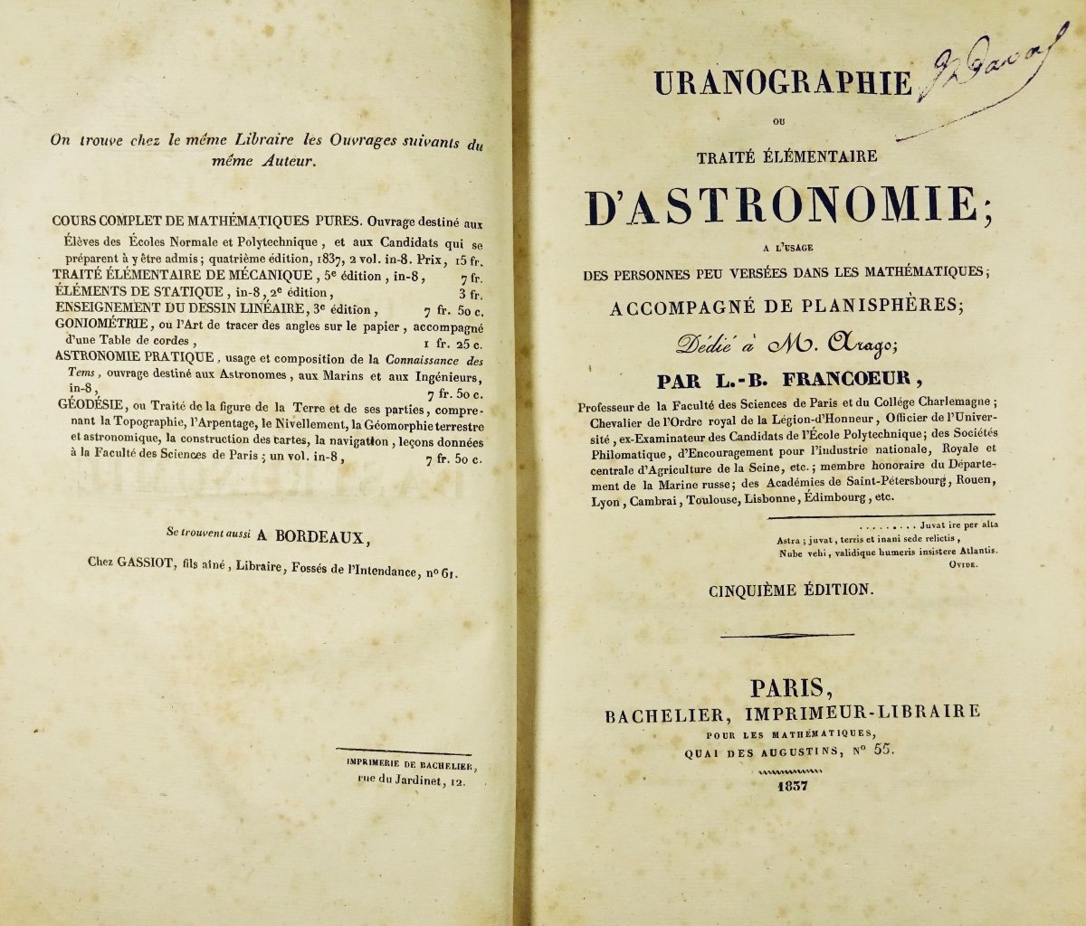 FRANCOEUR (L.-B.) - Uranographie ou traité élémentaire d'astronomie. Bachelier, 1837.-photo-2
