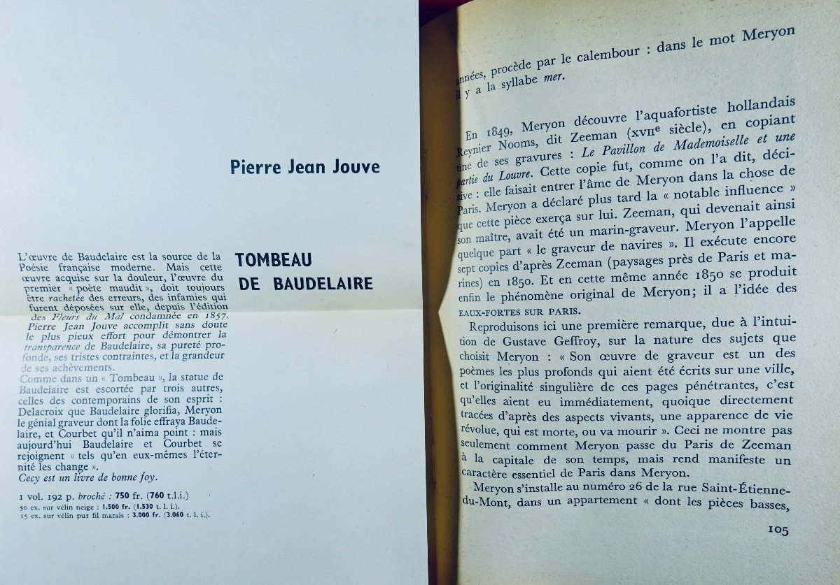 JOUVE - Tombeau de Baudelaire.  Seuil, 1958, exemplaire du service de presse avec un envoi.-photo-4