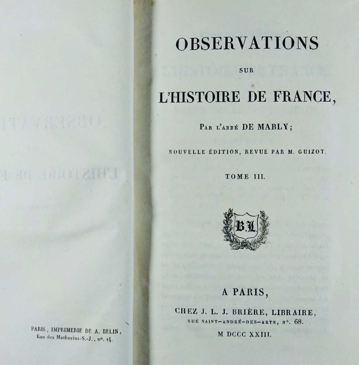 Mably (m. l'Abbé De) - Observations On The History Of France. Chez Brière, 1823.-photo-2