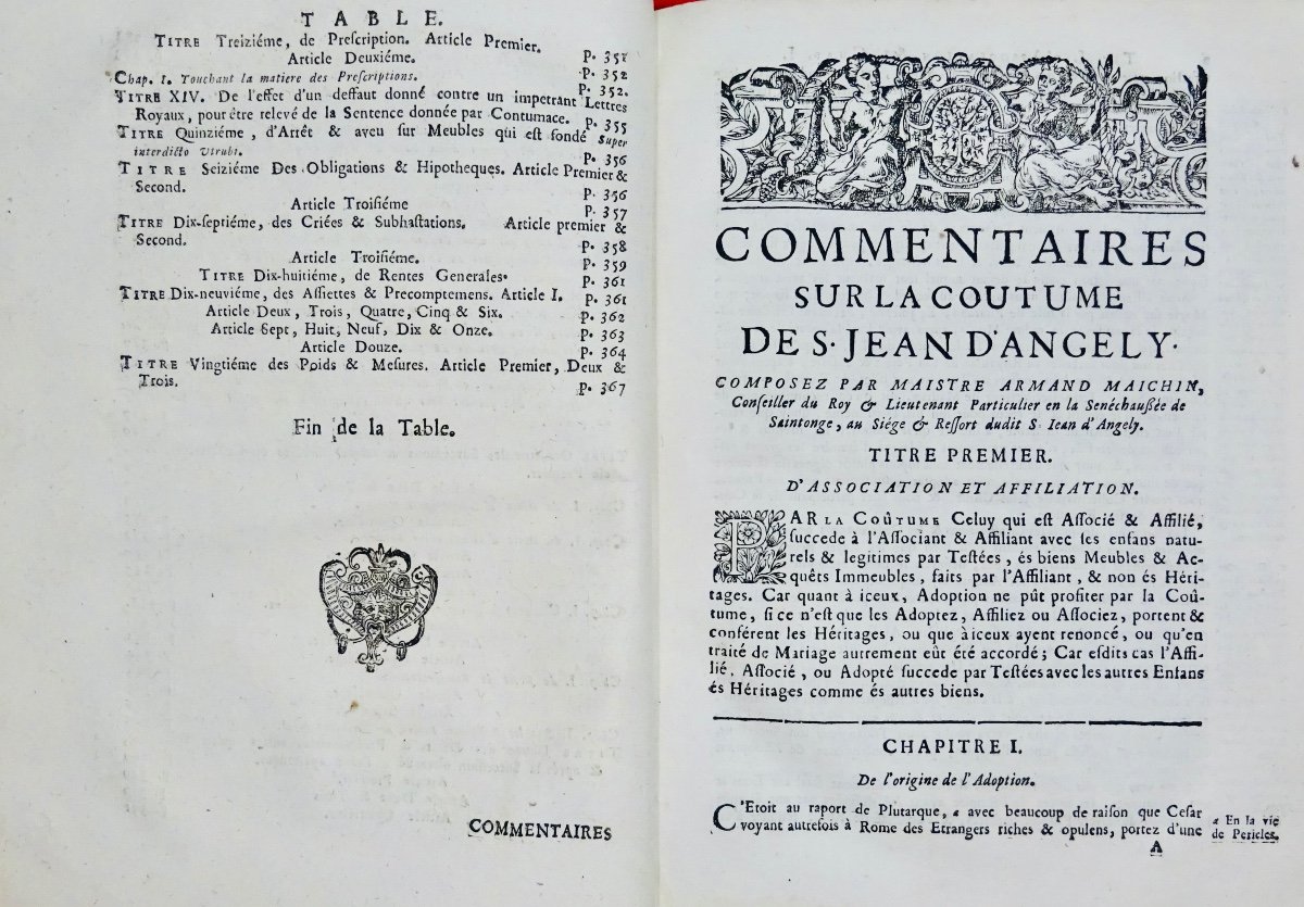 MAICHIN - Commentaires sur la coûtume de St Jean d'Angely. 1708, reliure d'époque.-photo-3