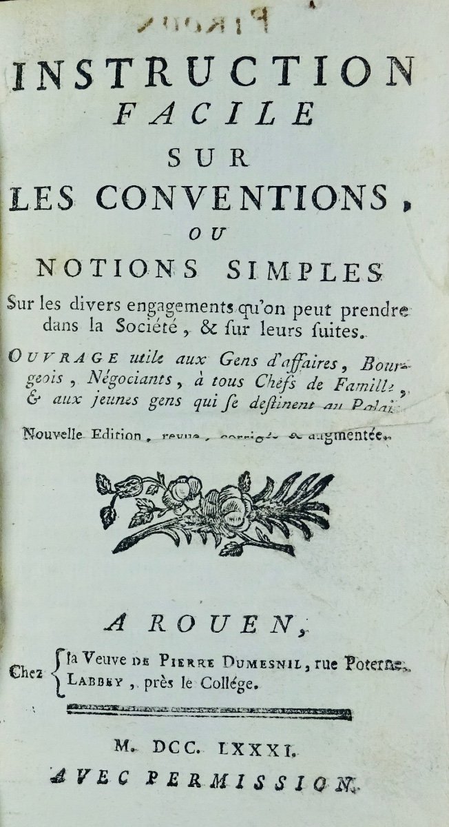 MONTLUEL (Jussieu de) - Instructions faciles sur les conventions. 1781, en reliure d'époque.